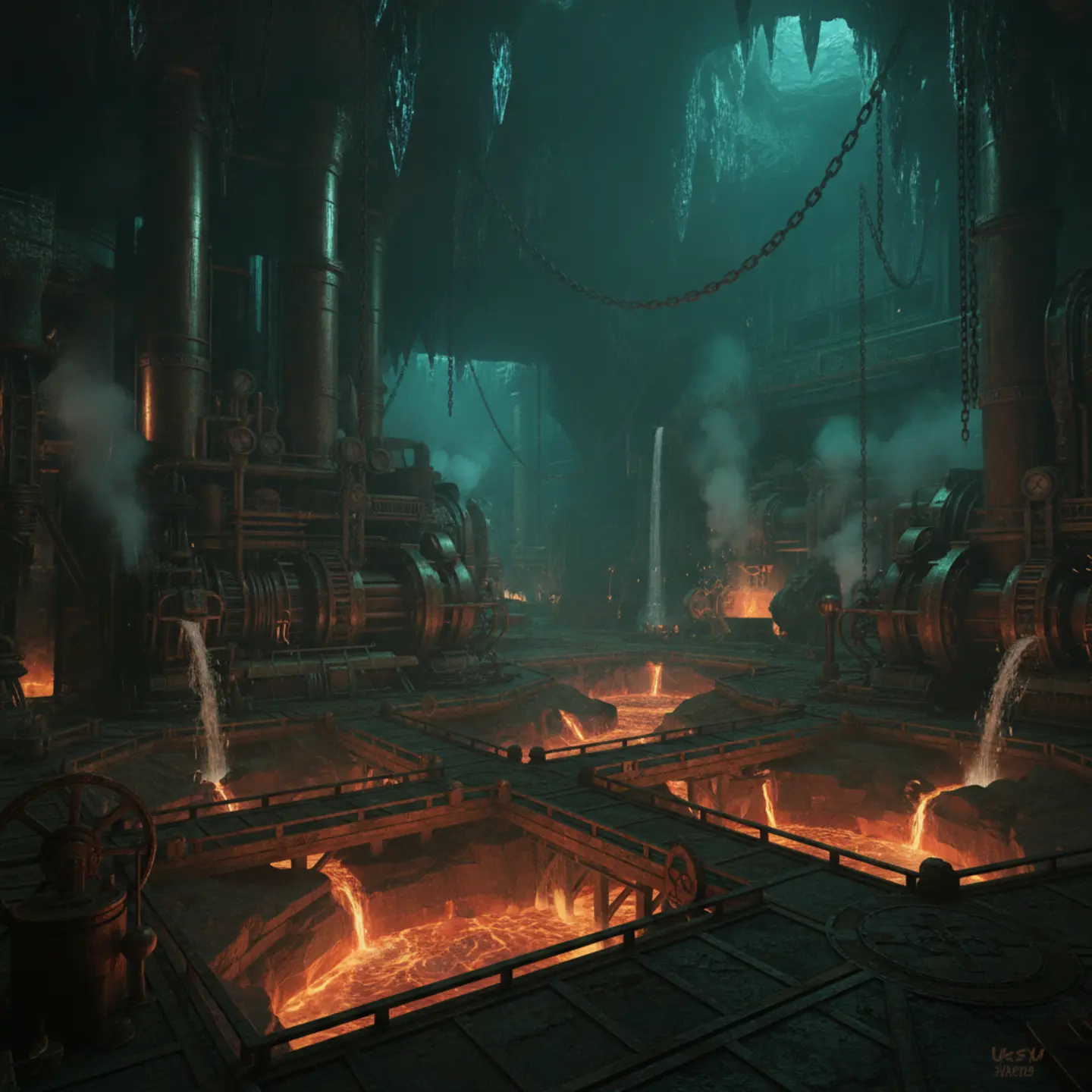 A massive subterranean geothermal foundry with glowing magma vents